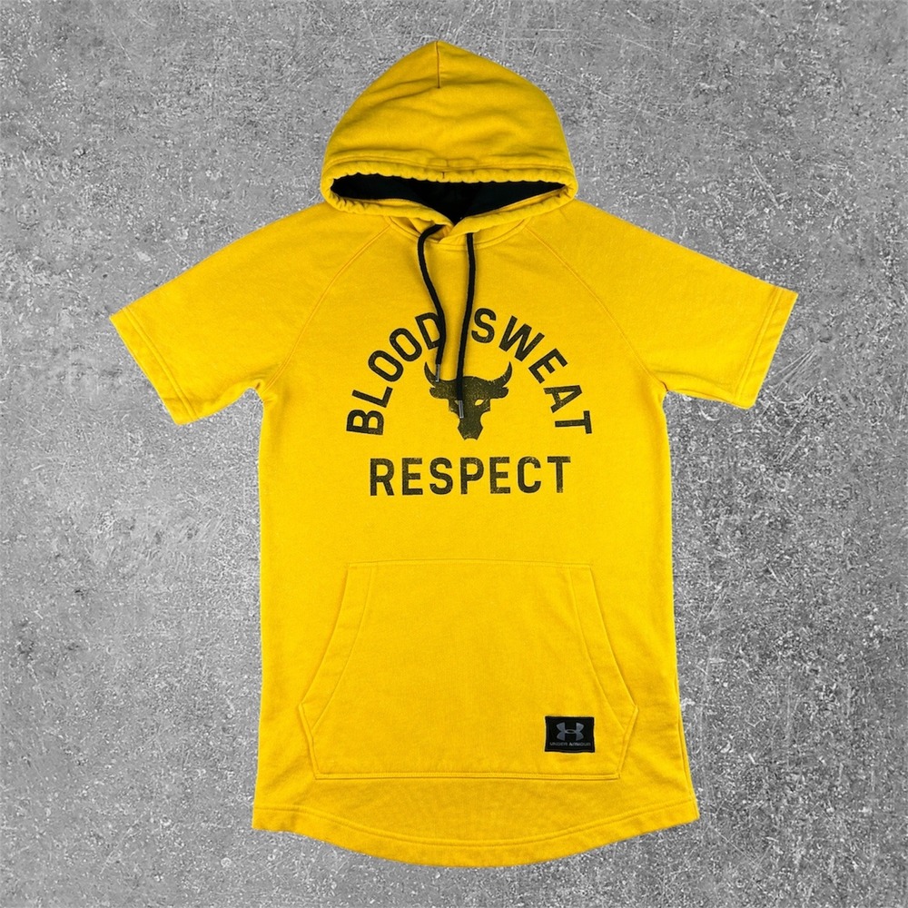 Under Armour Project Rock Hoodie Mens Small Yellow Blood Sweat Respect Workout